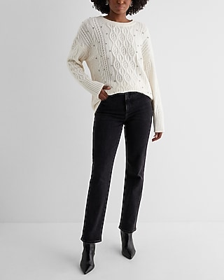 High Waisted Black Rhinestone Button Modern Straight Jeans