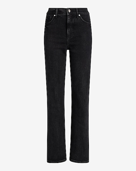 High Waisted Black Rhinestone Button Modern Straight Jeans High Waisted Black Rhinestone Button Modern Straight Jeans