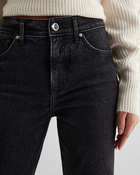 High Waisted Black Rhinestone Button Modern Straight Jeans High Waisted Black Rhinestone Button Modern Straight Jeans