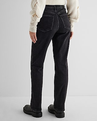 High Waisted Black Rhinestone Button Modern Straight Jeans