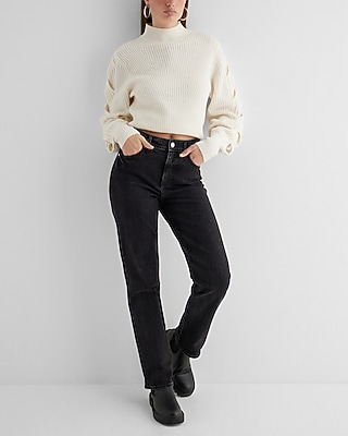 High Waisted Black Rhinestone Button Modern Straight Jeans