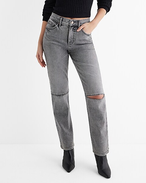 High Waisted Gray Wash Knee Cutout Modern Straight Jeans