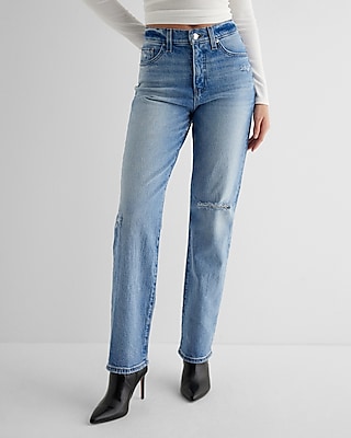 High Waisted Medium Wash Ripped Modern Straight Jeans