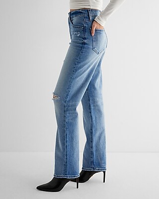 High Waisted Medium Wash Ripped Modern Straight Jeans