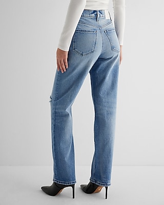 High Waisted Medium Wash Ripped Modern Straight Jeans