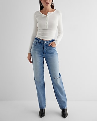 High Waisted Medium Wash Ripped Modern Straight Jeans