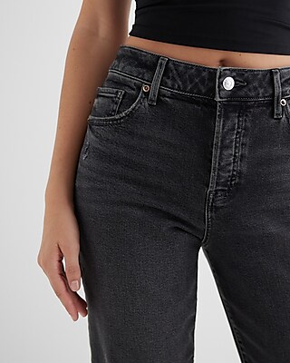 High Waisted Washed Black Relaxed Straight Ankle Jeans