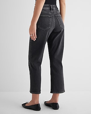 High Waisted Washed Black Relaxed Straight Ankle Jeans