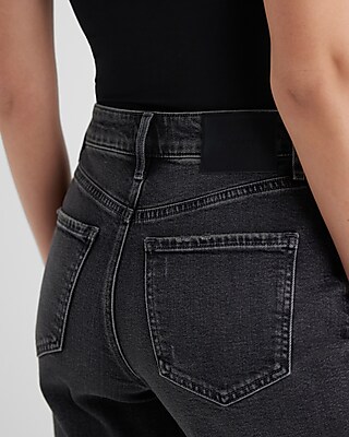 High Waisted Washed Black Relaxed Straight Ankle Jeans