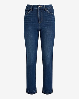 High Waisted Dark Wash Drop Hem FlexX Straight Ankle Jeans