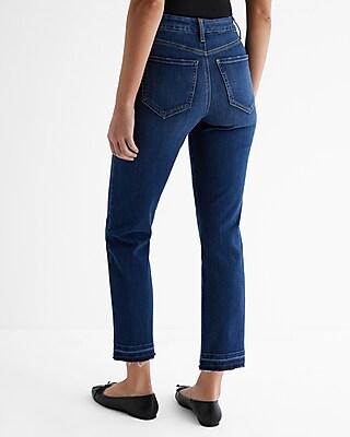 High Waisted Dark Wash Drop Hem FlexX Straight Ankle Jeans