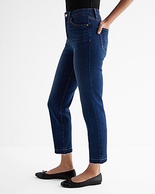 High Waisted Dark Wash Drop Hem FlexX Straight Ankle Jeans