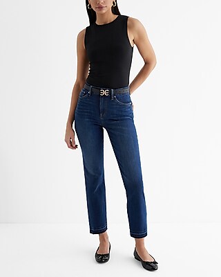 High Waisted Dark Wash Drop Hem FlexX Straight Ankle Jeans