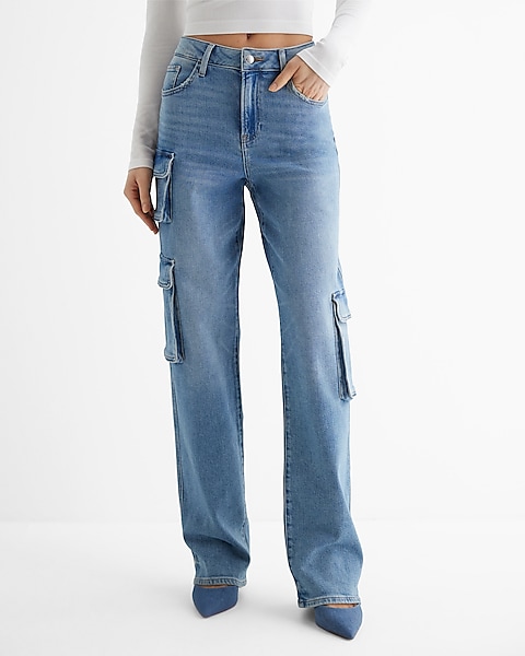 High Waisted Medium Wash Relaxed Straight Cargo Jeans