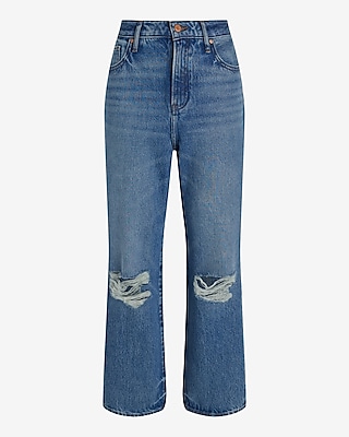 High Waisted Light Wash Ripped Relaxed Straight Ankle Jeans