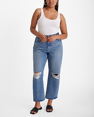 High Waisted Light Wash Ripped Relaxed Straight Ankle Jeans