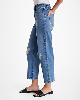 High Waisted Light Wash Ripped Relaxed Straight Ankle Jeans