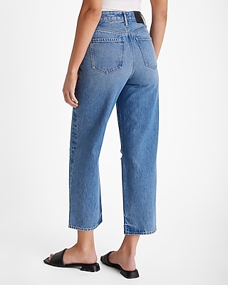 High Waisted Light Wash Ripped Relaxed Straight Ankle Jeans