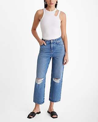 High Waisted Light Wash Ripped Relaxed Straight Ankle Jeans