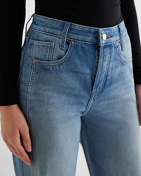 High Waisted Medium Wash Double Seam Relaxed Straight Jeans