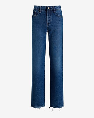 High Waisted Medium Wash Distressed Hem Relaxed Straight Jeans