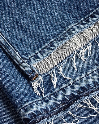 High Waisted Medium Wash Distressed Hem Relaxed Straight Jeans
