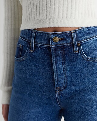 High Waisted Medium Wash Distressed Hem Relaxed Straight Jeans