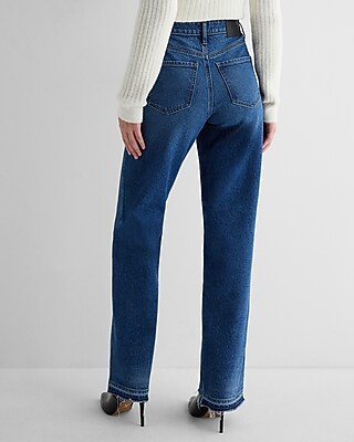 High Waisted Medium Wash Distressed Hem Relaxed Straight Jeans