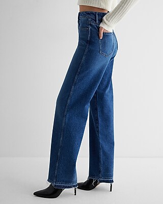 High Waisted Medium Wash Distressed Hem Relaxed Straight Jeans