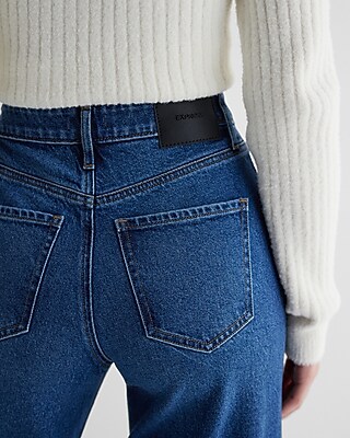 High Waisted Medium Wash Distressed Hem Relaxed Straight Jeans