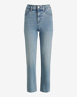 High Waisted Light Wash Raw Hem Straight Ankle Jeans