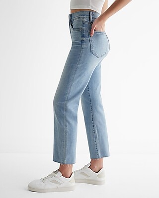 High Waisted Light Wash Raw Hem Straight Ankle Jeans