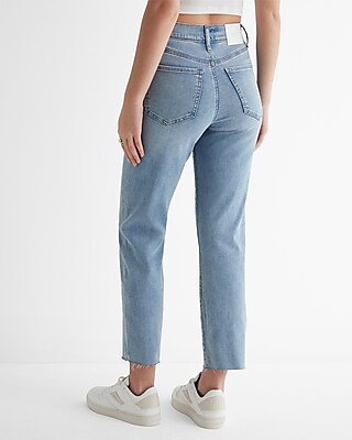 High Waisted Light Wash Raw Hem Straight Ankle Jeans