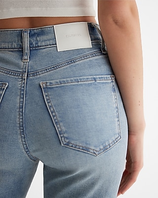 High Waisted Light Wash Raw Hem Straight Ankle Jeans
