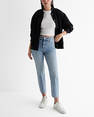 High Waisted Light Wash Raw Hem Straight Ankle Jeans