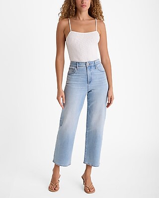 High Waisted Light Wash Relaxed Straight Ankle Jeans