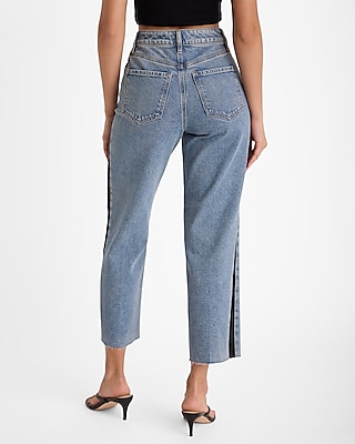 High Waisted Medium Wash Satin Stripe Relaxed Straight Ankle Jeans