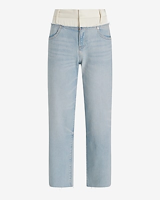 High Waisted Satin Waistband Relaxed Ankle Straight Jeans