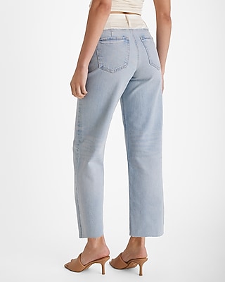 High Waisted Satin Waistband Relaxed Ankle Straight Jeans
