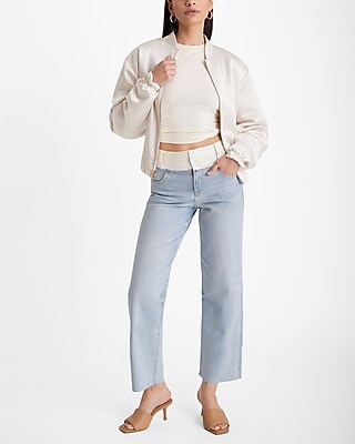 High Waisted Satin Waistband Relaxed Ankle Straight Jeans