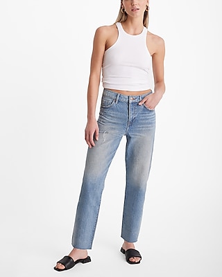 Express High Waisted Light Wash Straight Ankle Jeans, Women's Size