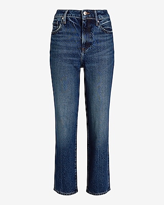 High Waisted Dark Wash 50/50 Rigid Stretch Straight Ankle Jeans