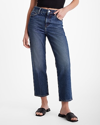 High Waisted Dark Wash 50/50 Rigid Stretch Straight Ankle Jeans