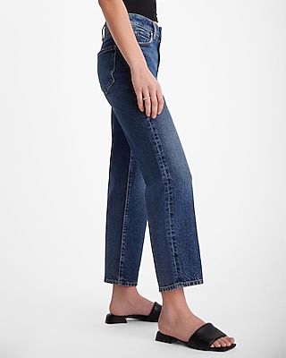 High Waisted Dark Wash 50/50 Rigid Stretch Straight Ankle Jeans