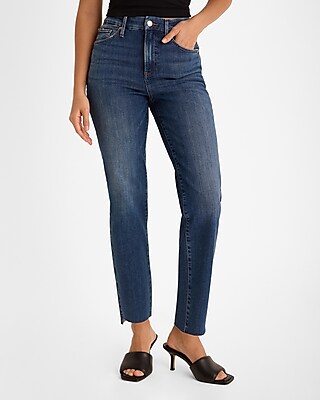 High Waisted Dark Wash Flexx Raw Hem Straight Ankle Jeans