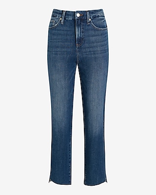 High Waisted Dark Wash FlexX Raw Hem Straight Ankle Jeans