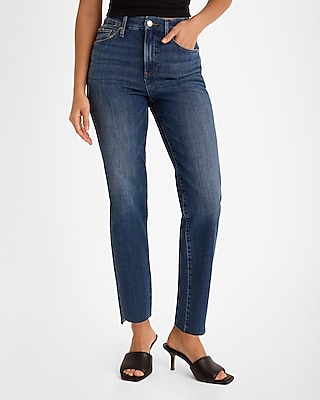 High Waisted Dark Wash FlexX Raw Hem Straight Ankle Jeans