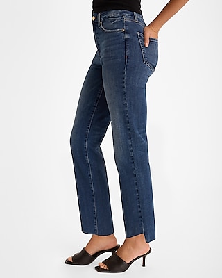 High Waisted Dark Wash FlexX Raw Hem Straight Ankle Jeans