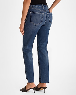 High Waisted Dark Wash FlexX Raw Hem Straight Ankle Jeans