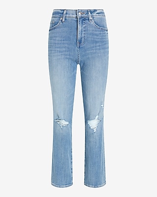 High Waisted Light Wash Ripped Straight Ankle Jeans